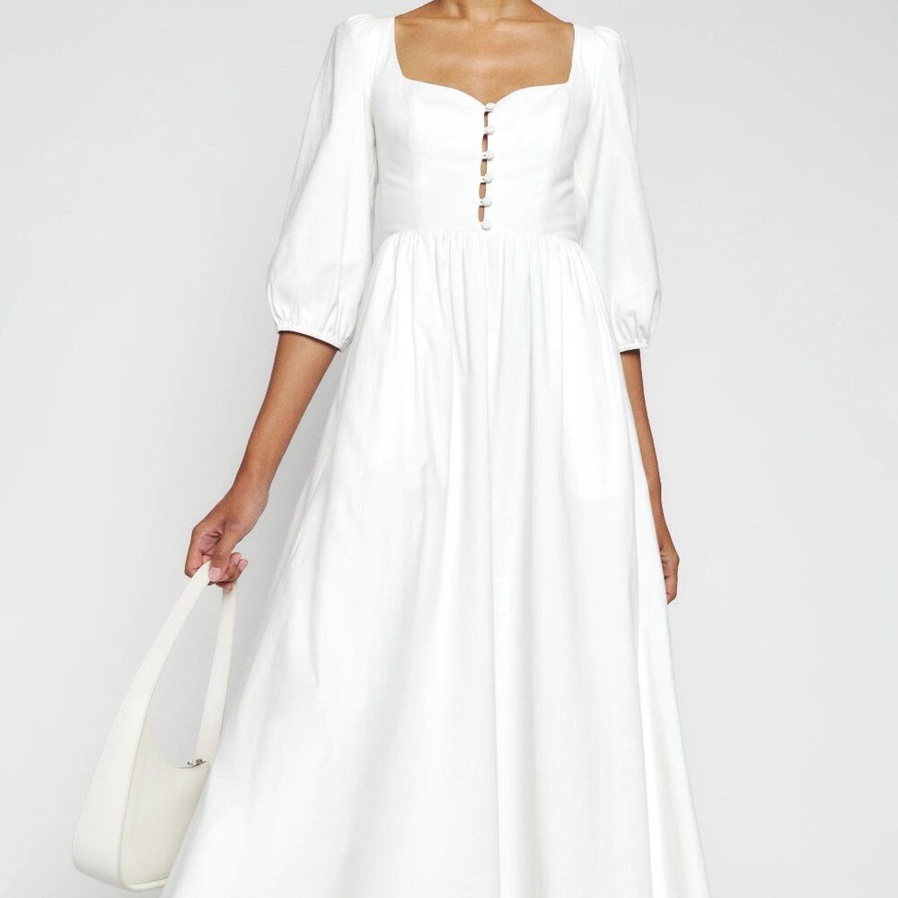 Reformation White Midi Dress with Puff Sleeves